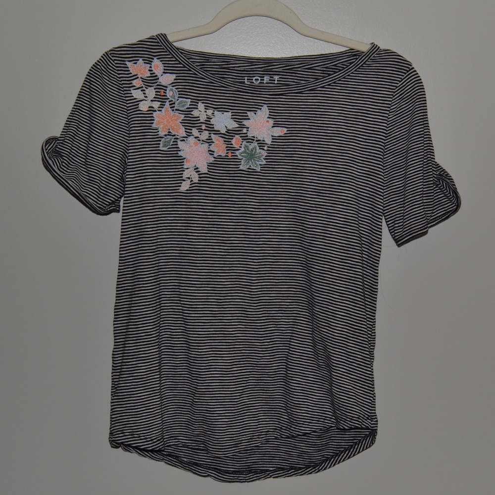 LOFT Striped Black and White Flower Embroidery